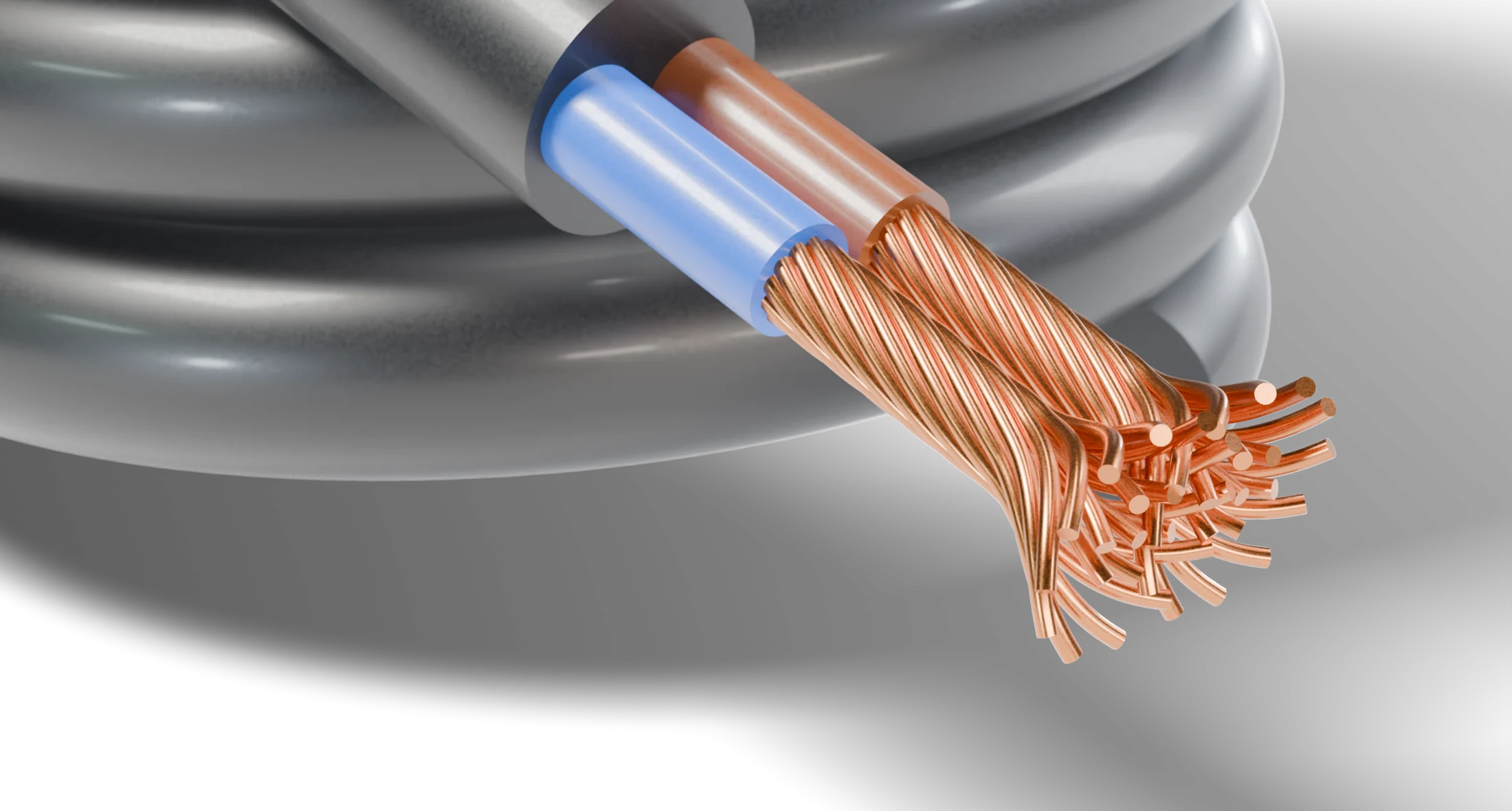 Detalle macro de un cable tipo taller Unimio: vaina negra cortada, conductores azul y marrón, hilos de cobre