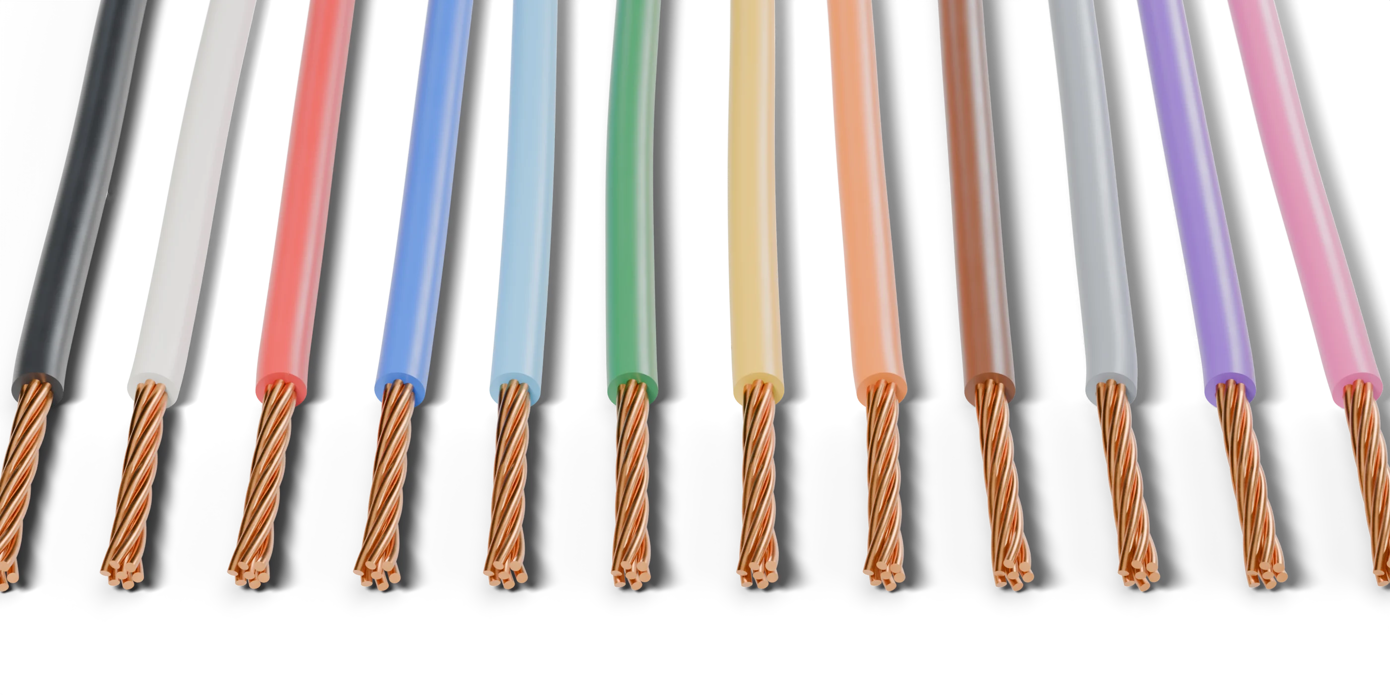 Doce cables unipolares Unimio de distintos colores con las puntas peladas mostrando el cobre